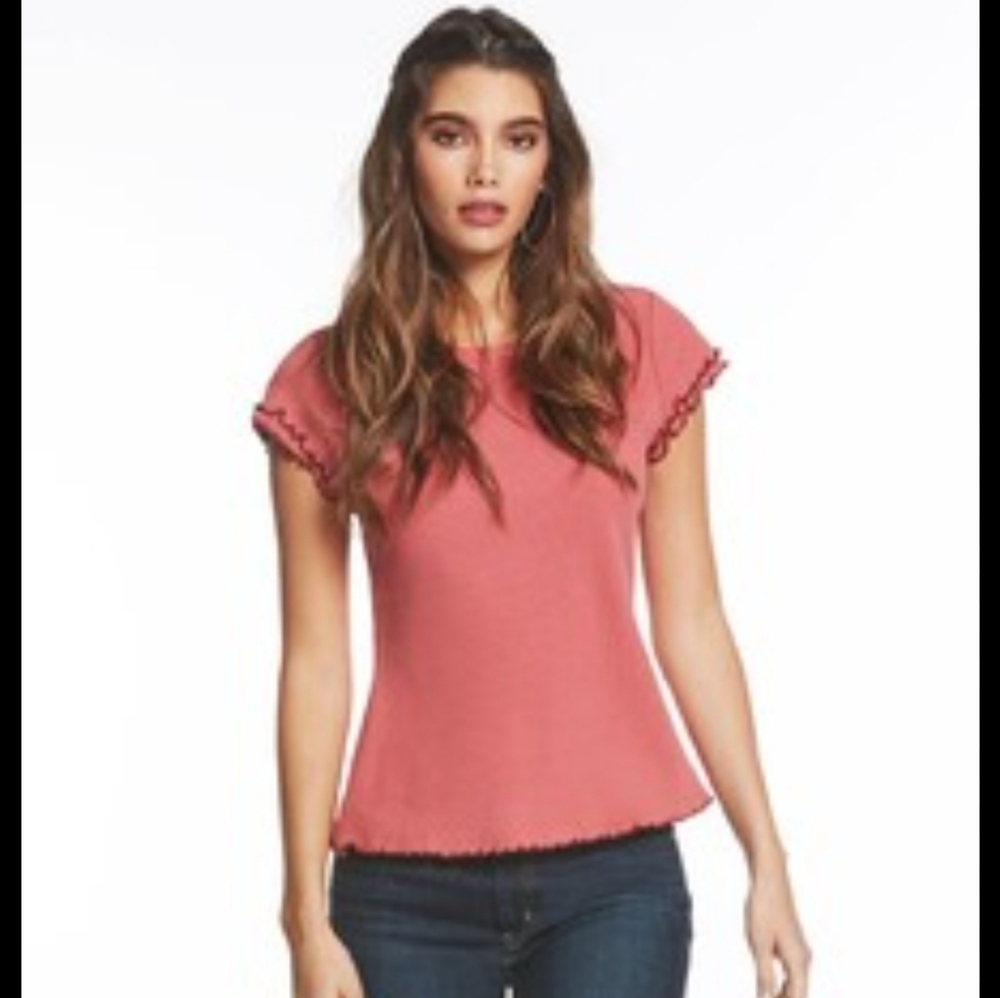 Jessica Simpson Ruffle Tee T-shirt Red Rust Small Slim Fit Short Sleeve Classic